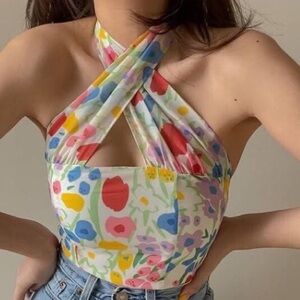 NWT With Jean Tulip Top in Garden Party Floral Halter Small